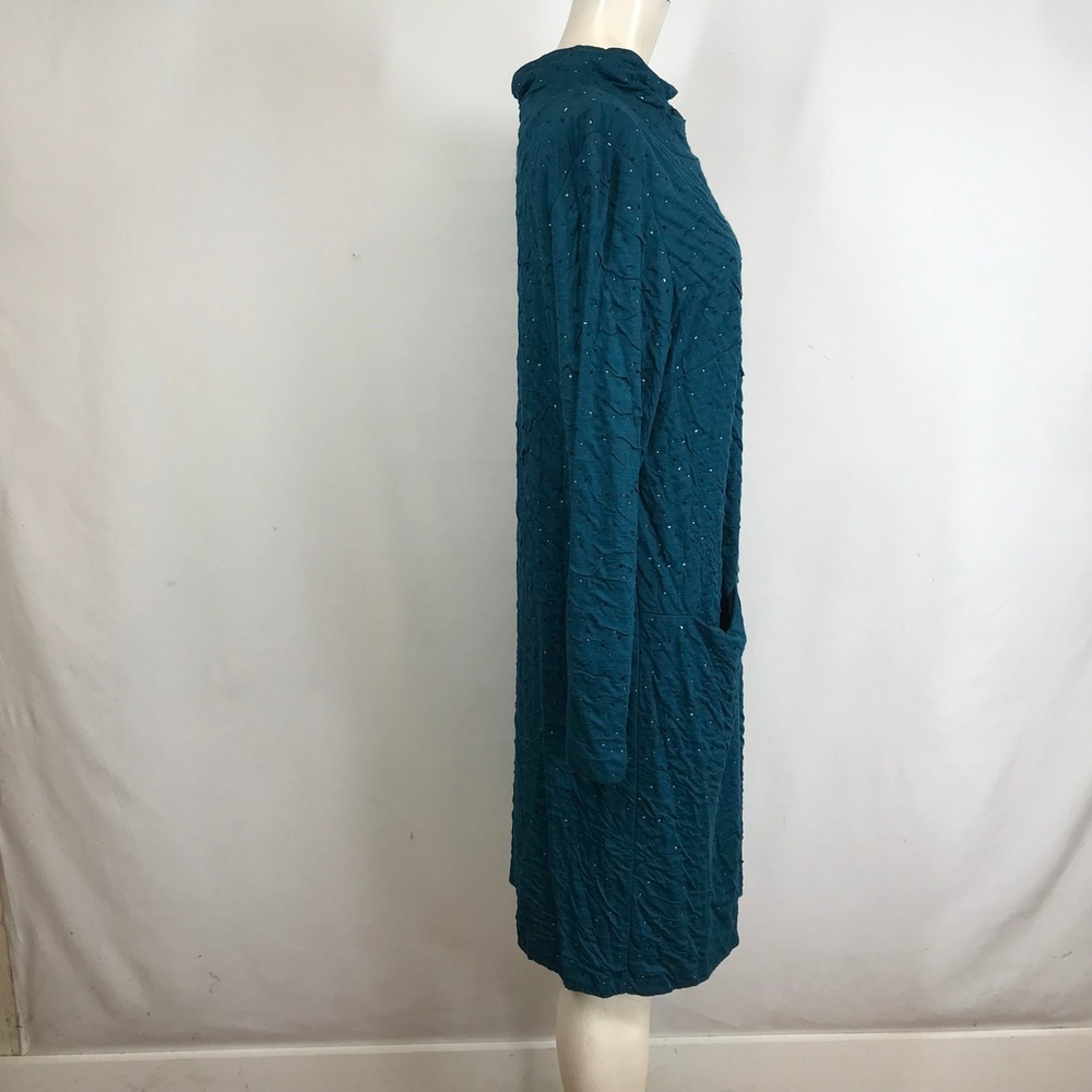 Qneel Teal Textured Mock Neck Long Sleeve Midi Dress with Sparkle Accents - Picture 3 of 11
